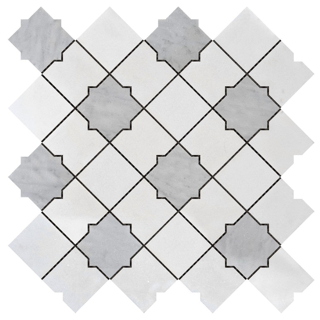 Bati Orient 11.2" x 11.2" White & Grey Marble Classic Interlocking Star & Square Marble Mosaic