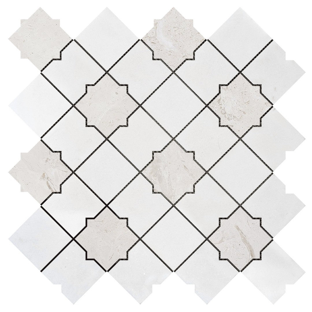 Bati Orient 11.2" x 11.2" White & Grey Marble Classic Interlocking Star & Square Marble Mosaic