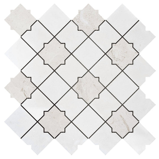 Bati Orient 11.2" x 11.2" White & Grey Marble Classic Interlocking Star & Square Marble Mosaic