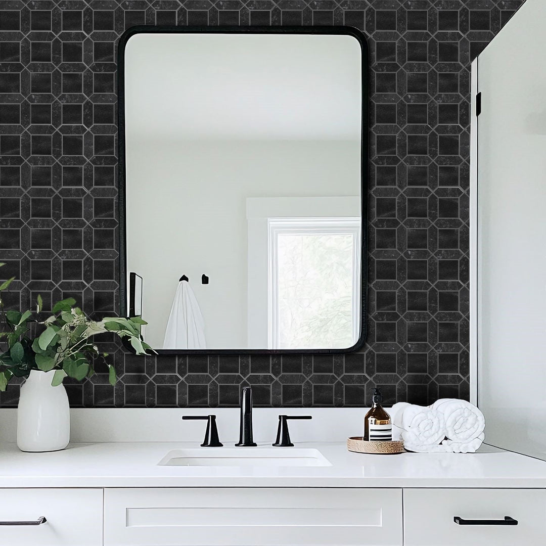 Bati-Orient-12-x-12-Zellige-Picket-&-Square-Mix-Ceramic-&-Marble-Mosaic-Black