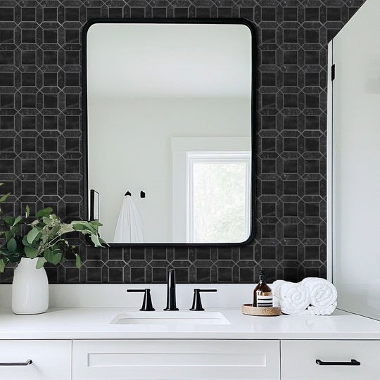 Bati-Orient-12-x-12-Zellige-Picket-&-Square-Mix-Ceramic-&-Marble-Mosaic-Black