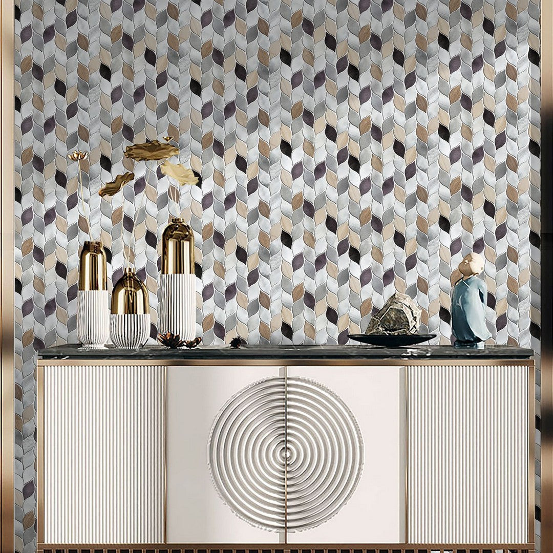 Bati-Orient-11-x-12-Metal-Art-Interlocking-Leaves-Aluminum-&-Marble-Mosaic-Silver-Grey-Brown