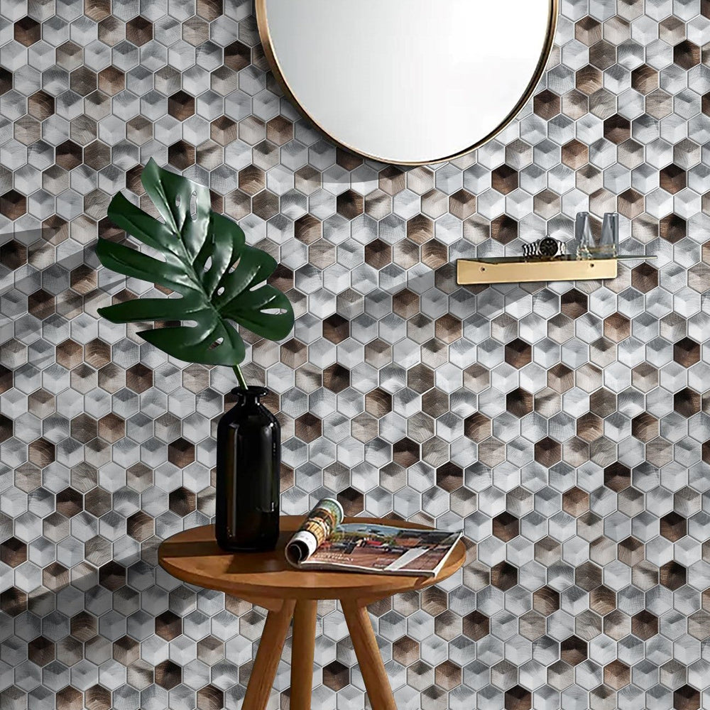 Bati-Orient-12-x-12-Metal-Art-Interlocking-Hexagon-Aluminum-Mosaic-Silver-Brown