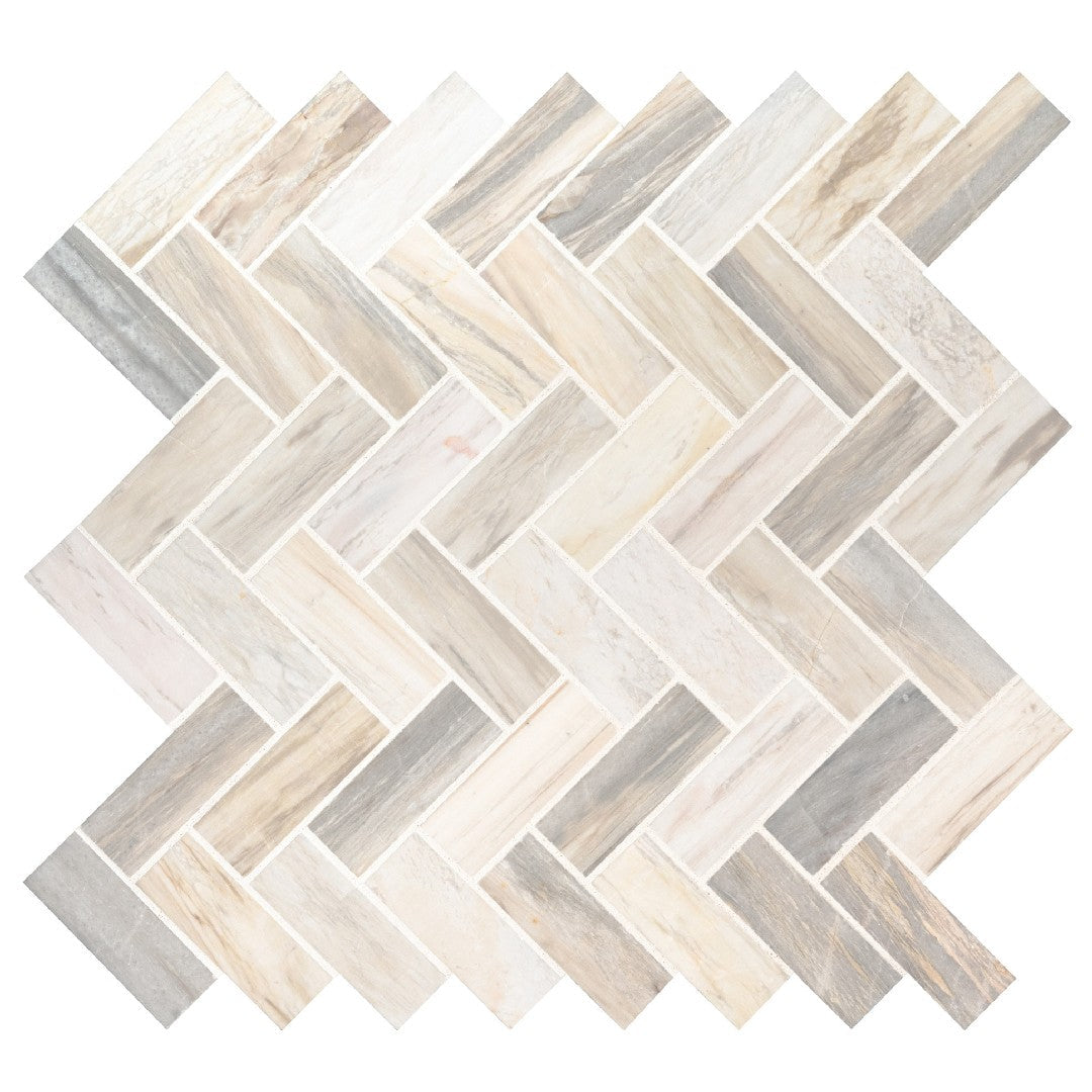 MS International 12" x 12" Angora Polished Herringbone Marble Mosaic