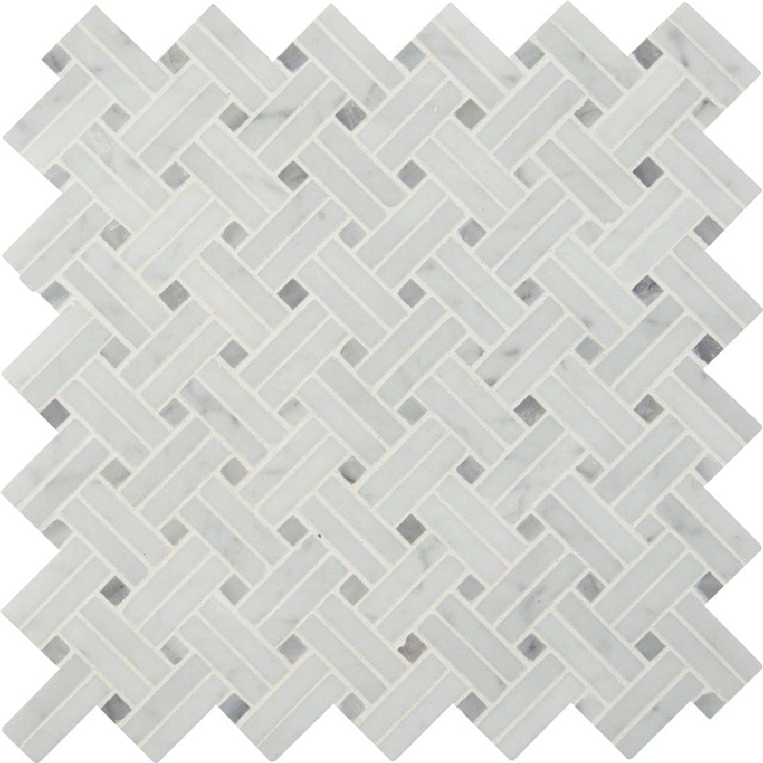 MS International 12" x 12" Carrara White Polished Basketweave Marble Mosaic