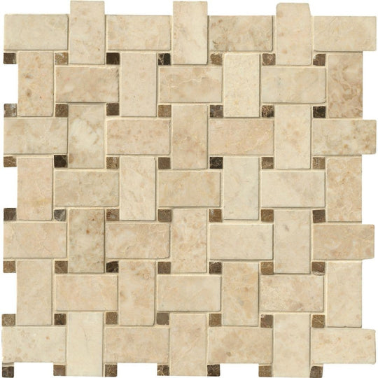 MS International 12" x 12" Crema Cappuccino Polished Basketweave Marble Mosaic