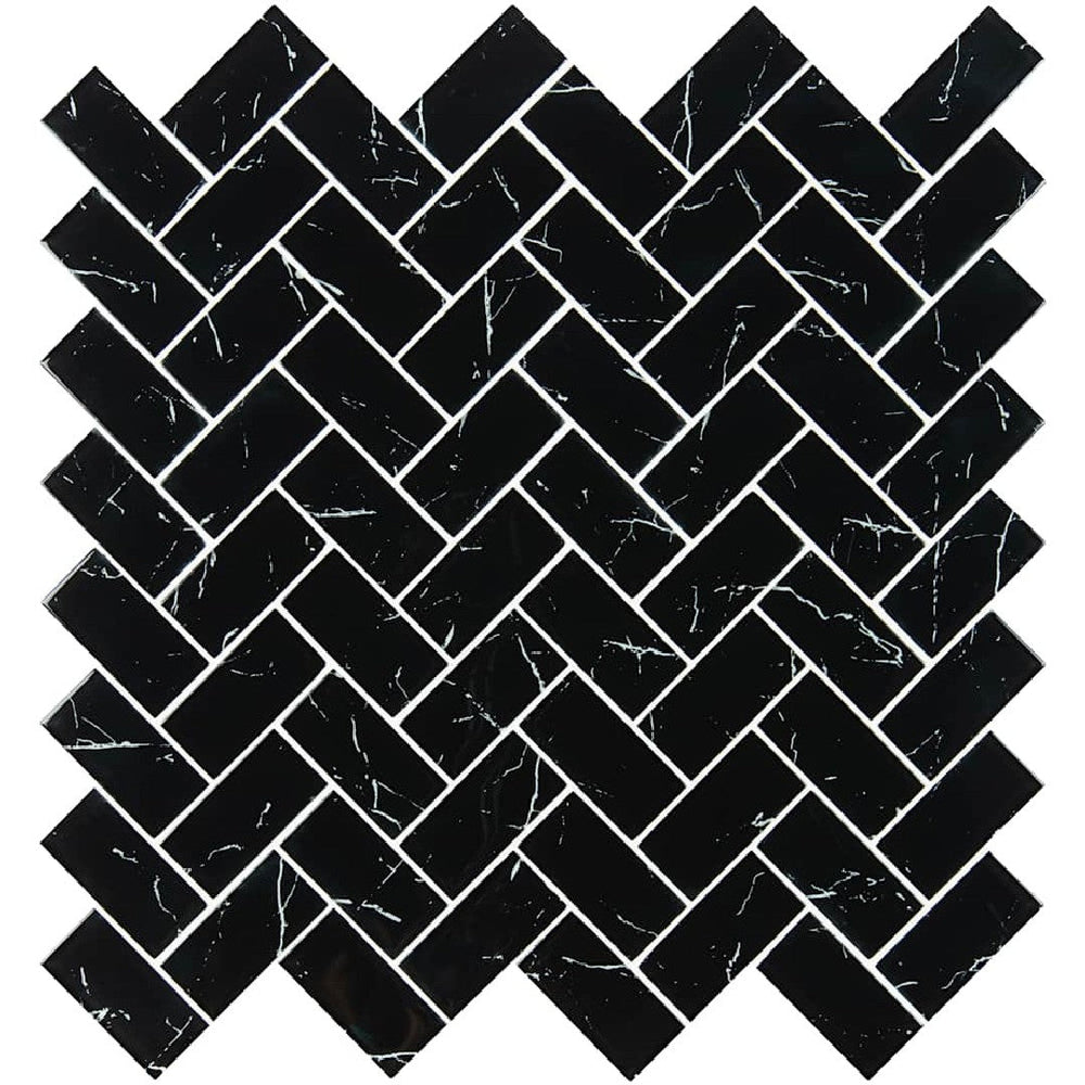MS International 11.61" x 11.81" Nero Marquina Herringbone Glass Mosaic