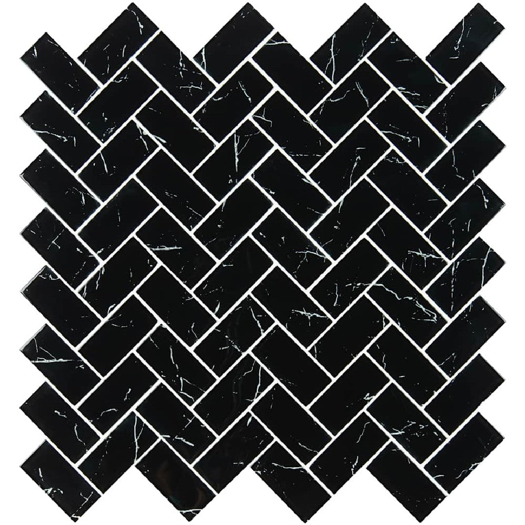 MS International 11.61" x 11.81" Nero Marquina Herringbone Glass Mosaic