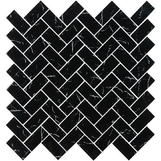 MS International 11.61" x 11.81" Nero Marquina Herringbone Glass Mosaic