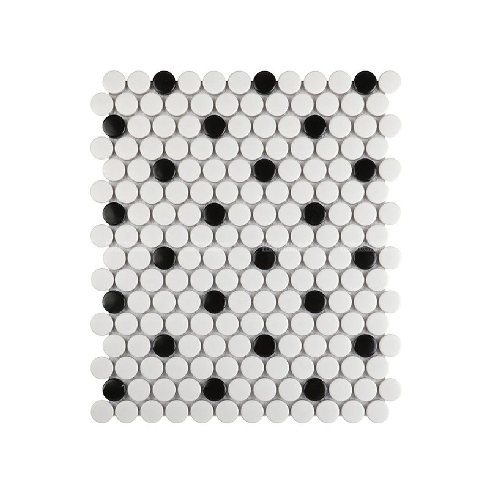 MS International 12" x 13" White And Black Glossy Penny Round Porcelain Mosaic