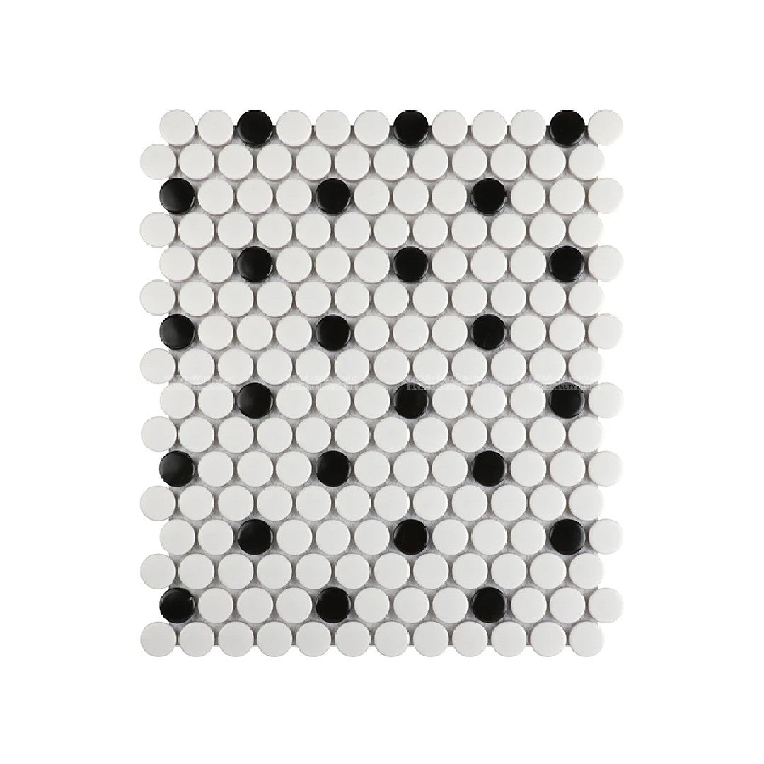 MS International 12" x 13" White And Black Glossy Penny Round Porcelain Mosaic