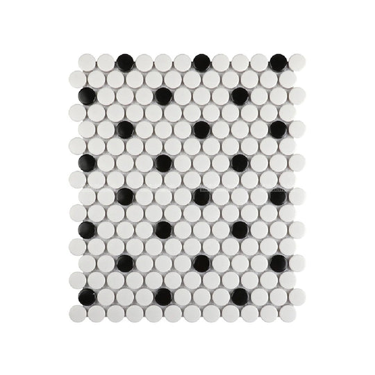MS International 12" x 13" White And Black Glossy Penny Round Porcelain Mosaic