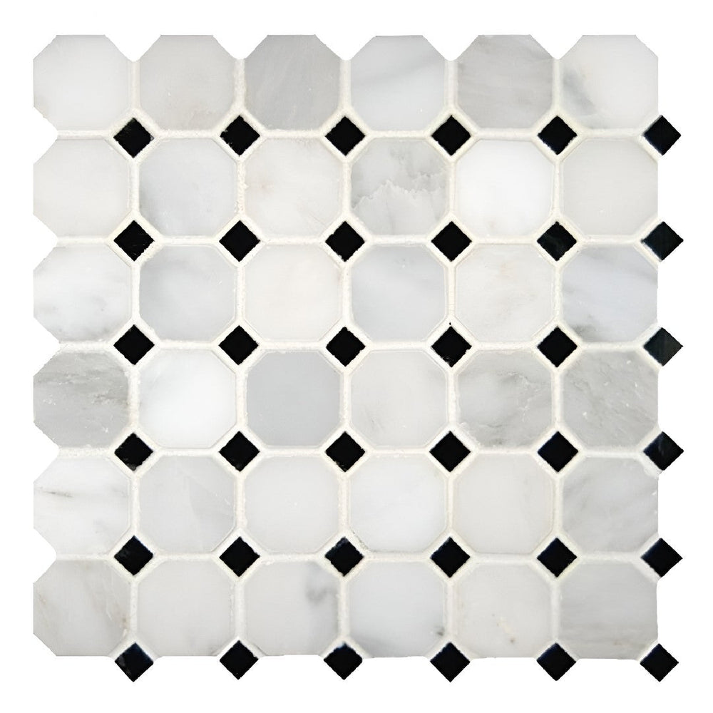 MS International 12" x 12" Greecian White Polished Octagon with Black Dots Marble Mosaic