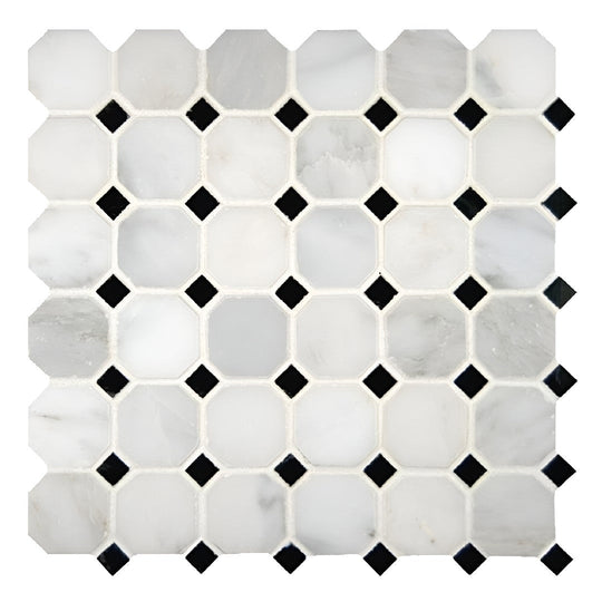MS International 12" x 12" Greecian White Polished Octagon with Black Dots Marble Mosaic