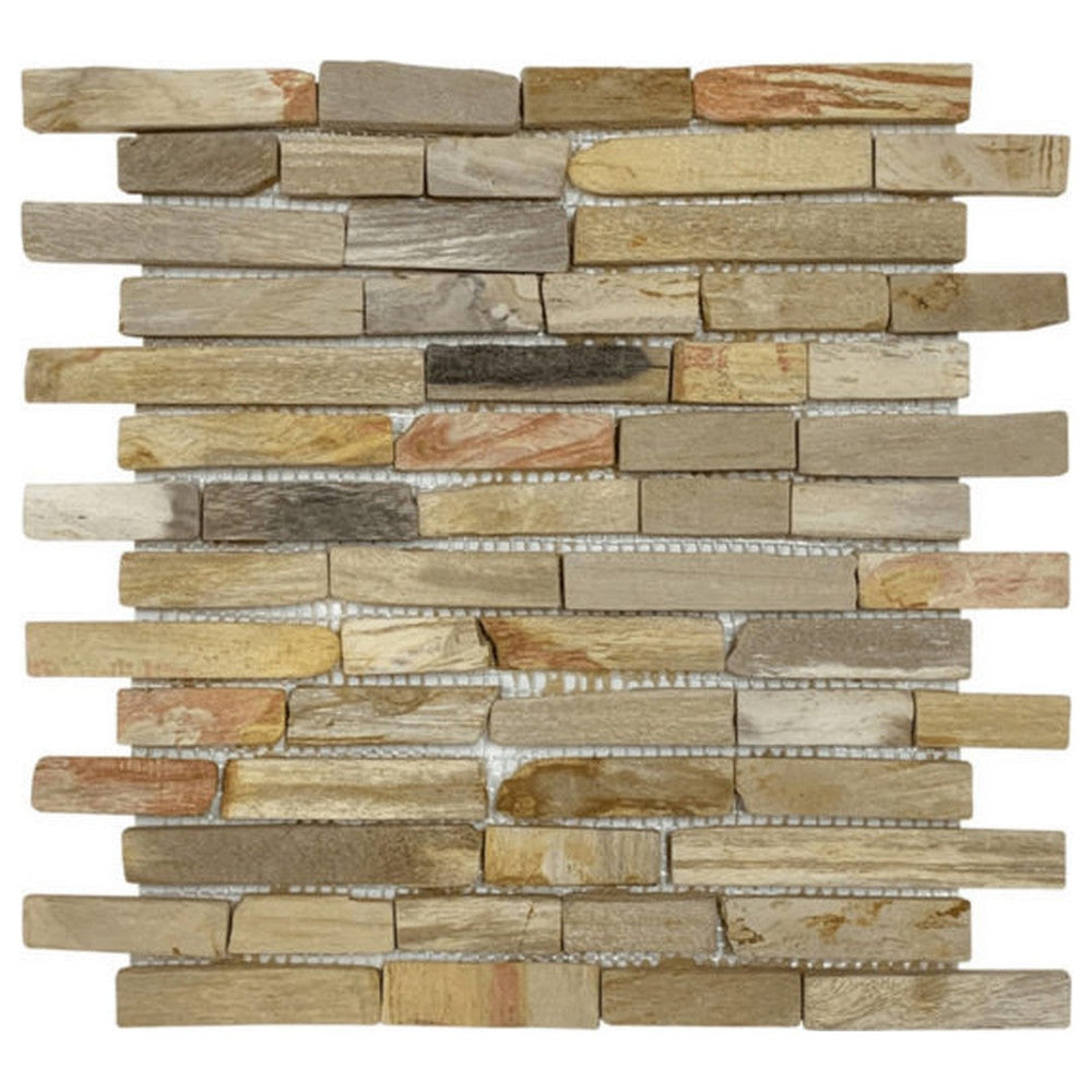 Qualis Ceramica 11.6" x 12" Chelsea Natural Stone Fossil Wood Mix Baguette Mosaic