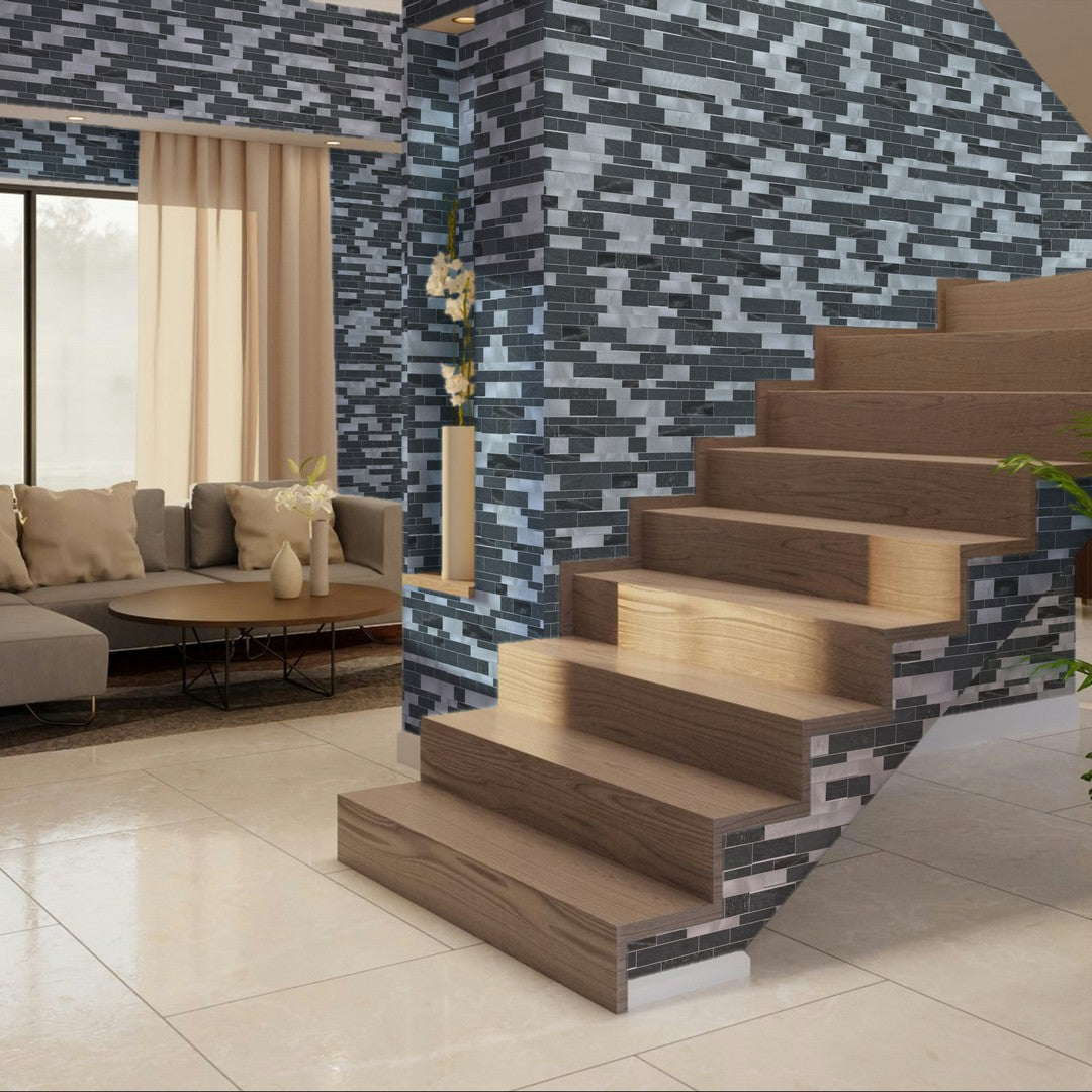 Qualis-Ceramica-12-x-12-Chelsea-Mixed-Material-Aluminum-Baguette-Mosaic-Grey-Black-Stone