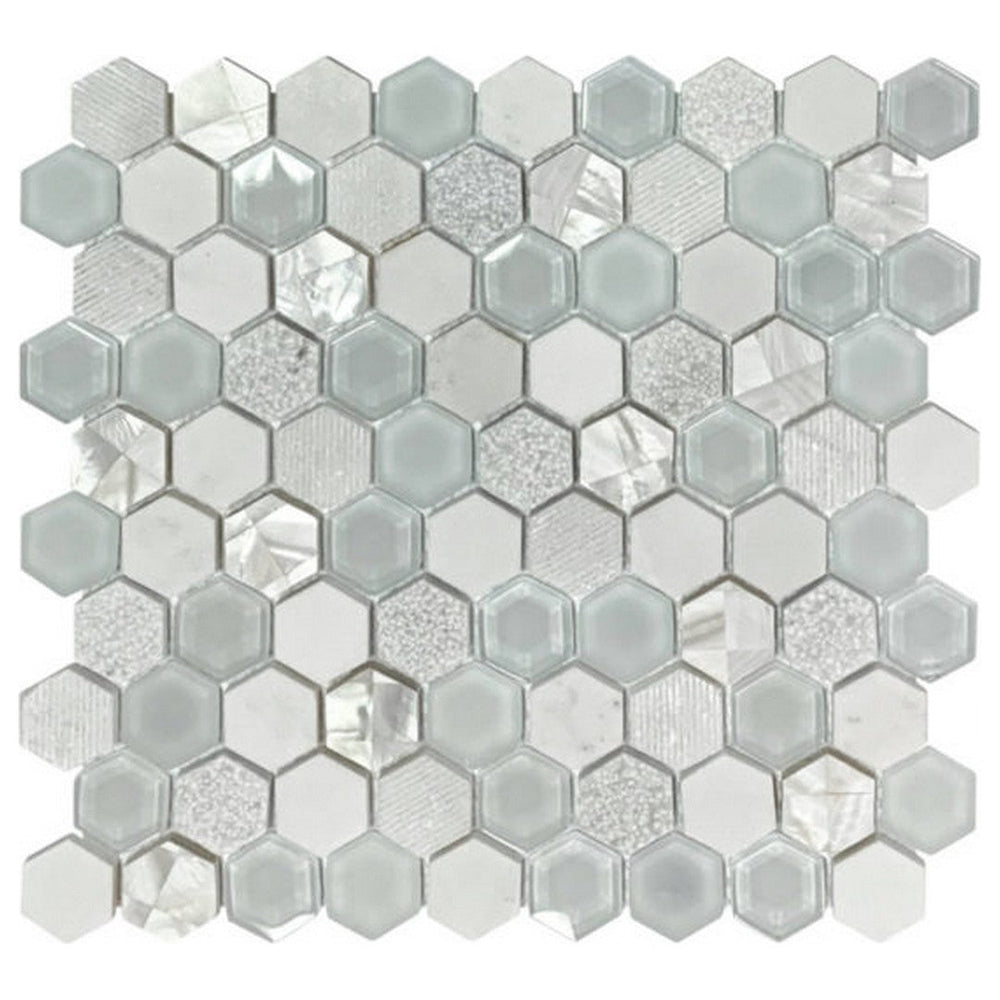 Qualis Ceramica 12" x 12" Chelsea Glass Marble Hex Mother Pearl Mix Mosaic