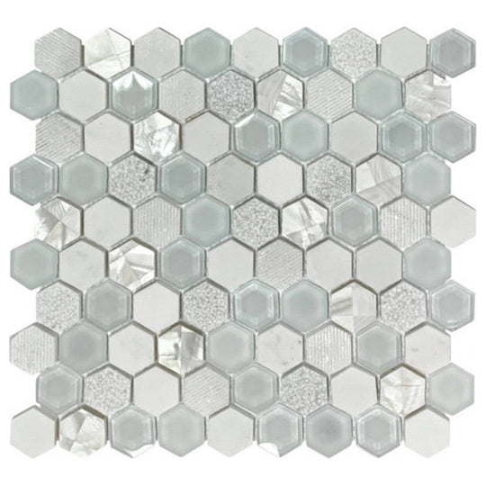 Qualis Ceramica 12" x 12" Chelsea Glass Marble Hex Mother Pearl Mix Mosaic