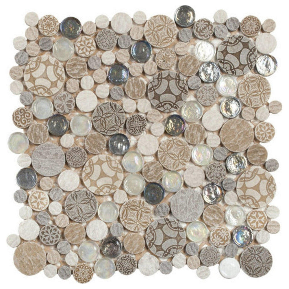 Qualis Ceramica 12" x 12" Chelsea Mixed Material Penny Round Decor Glass Stone Mosaic