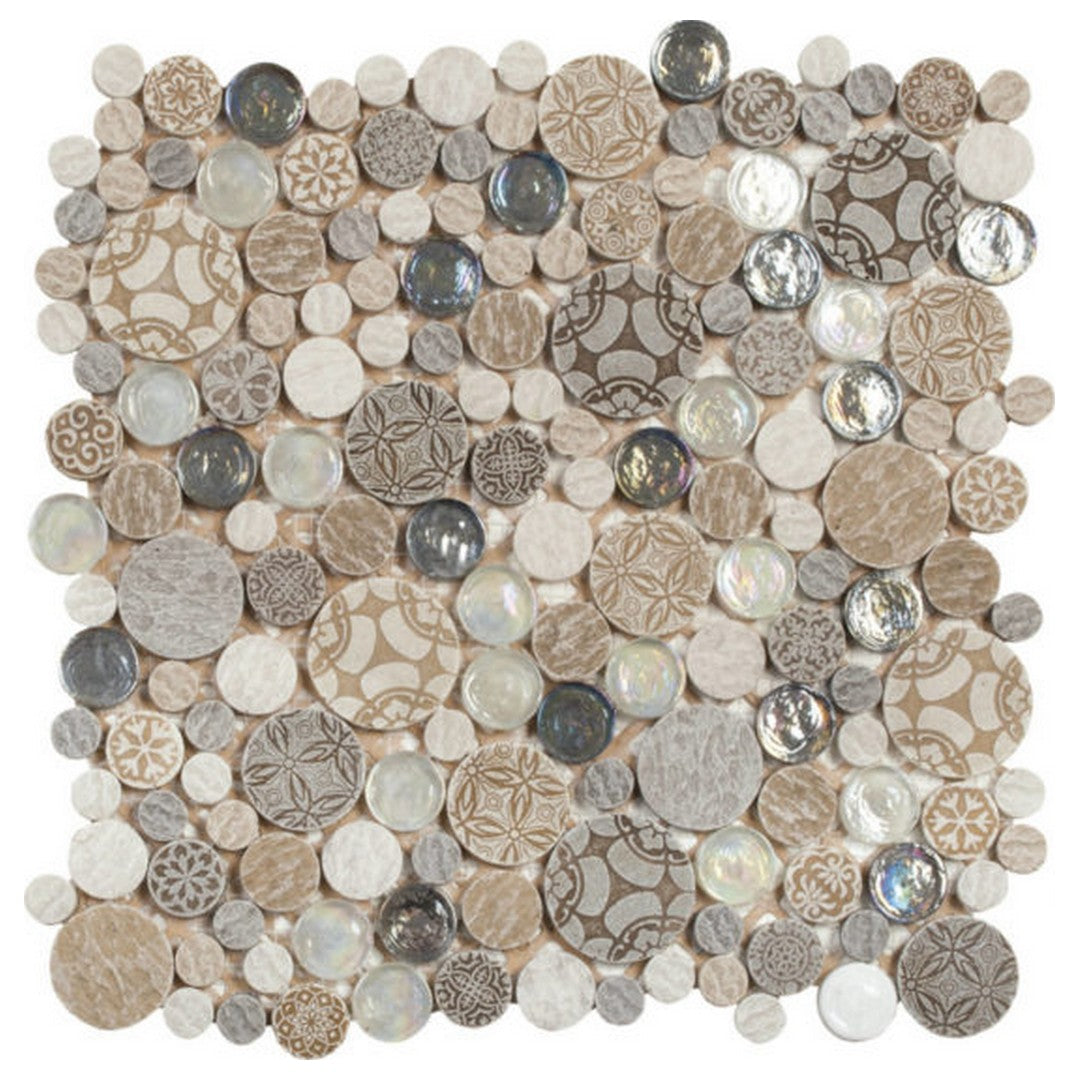 Qualis Ceramica 12" x 12" Chelsea Mixed Material Penny Round Decor Glass Stone Mosaic