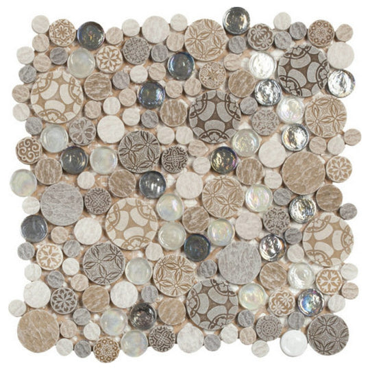 Qualis Ceramica 12" x 12" Chelsea Mixed Material Penny Round Decor Glass Stone Mosaic