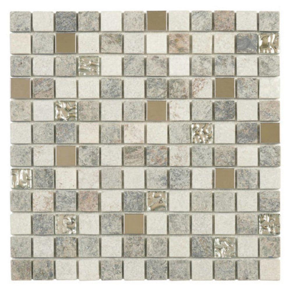 Qualis Ceramica 12" x 12" Chelsea Natural Stone 7/8" Glass Quartzite And Metal Decor Mosaic