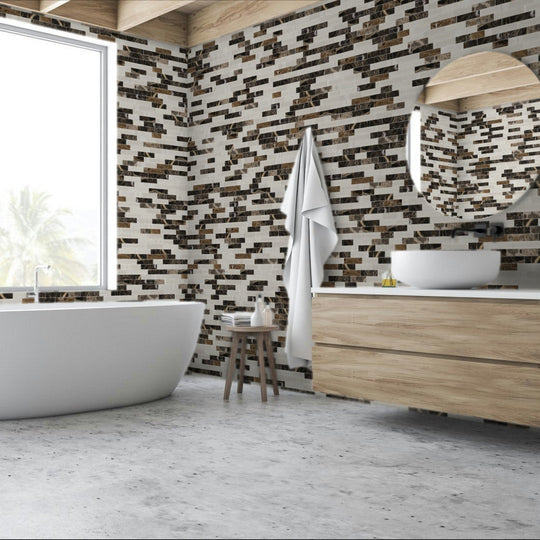 Qualis-Ceramica-11.9-x-12.1-Chelsea-Glass-Marble-Mix-Baguette-Mosaic-Brown-Marble-Beige-Glass