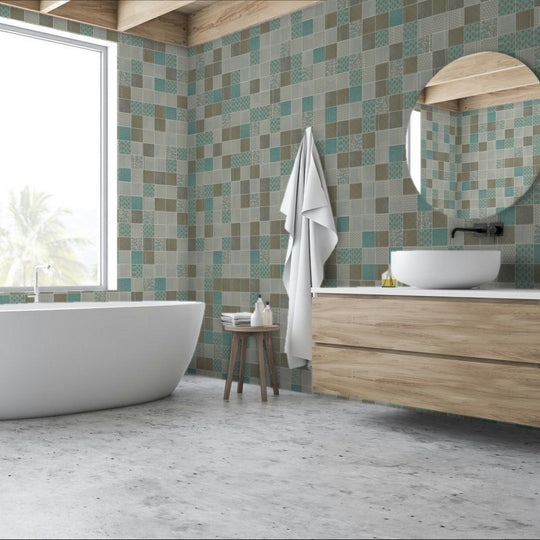 Qualis-Ceramica-12-x-12-Chelsea-Glass-4-Geometric-Random-Pattern-Mosaic-Beige-Green