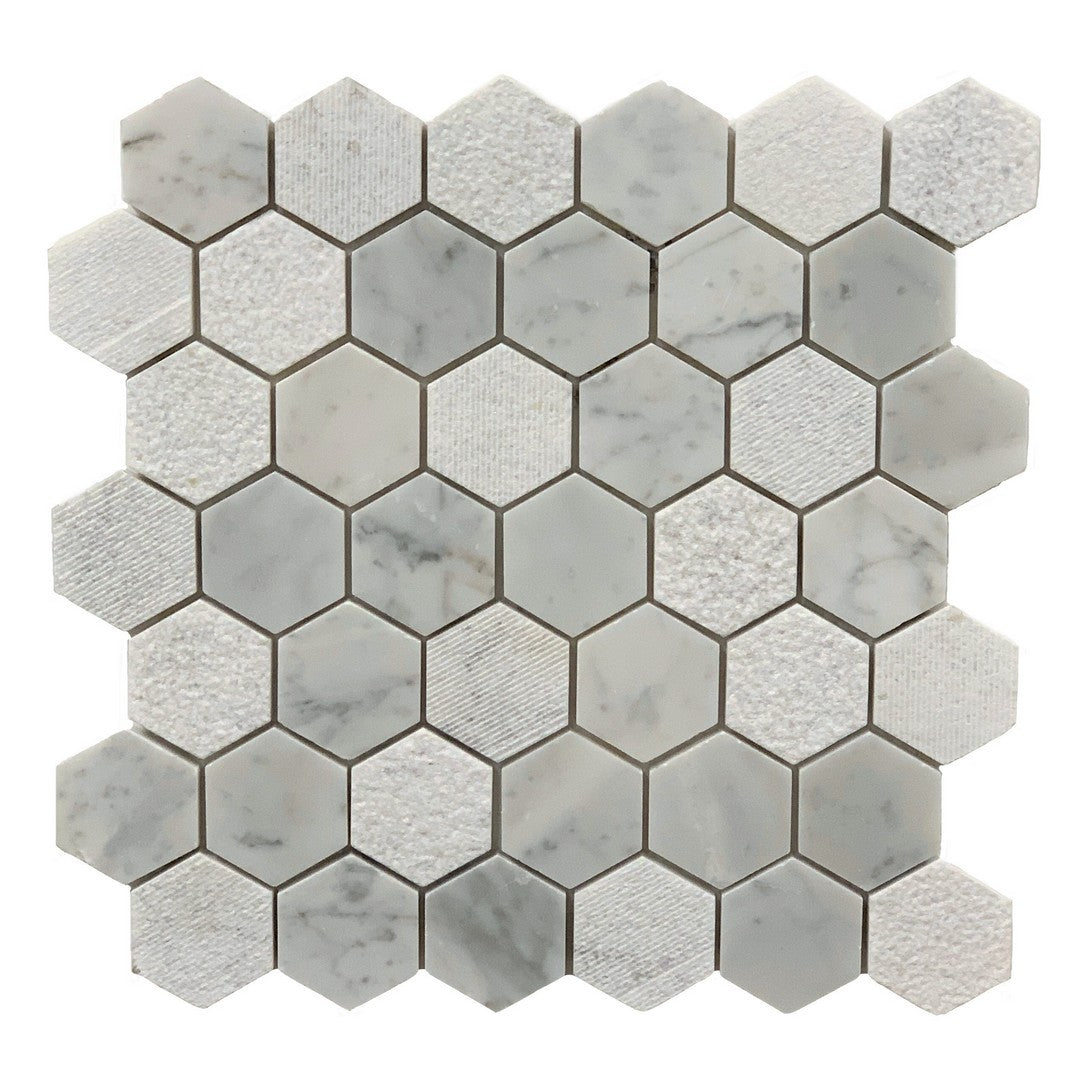 Rickert-12-x-12-Carrara-Polished-Marble-2-Hexagon-Mosaic-Hammered