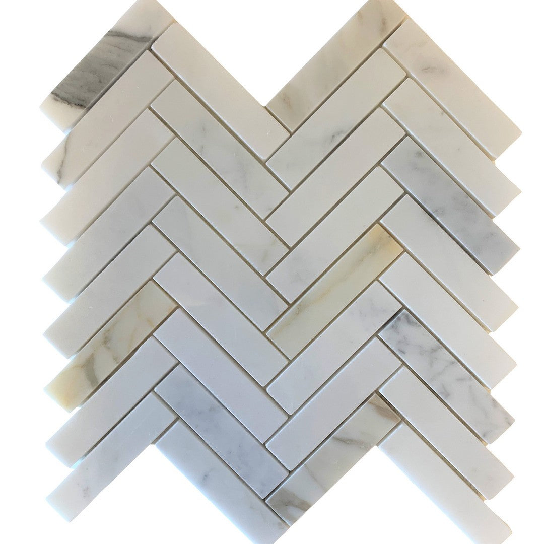 Rickert 11.22" x 11.42" Calacatta Polished Marble 1x4" Herringbone Mosaic