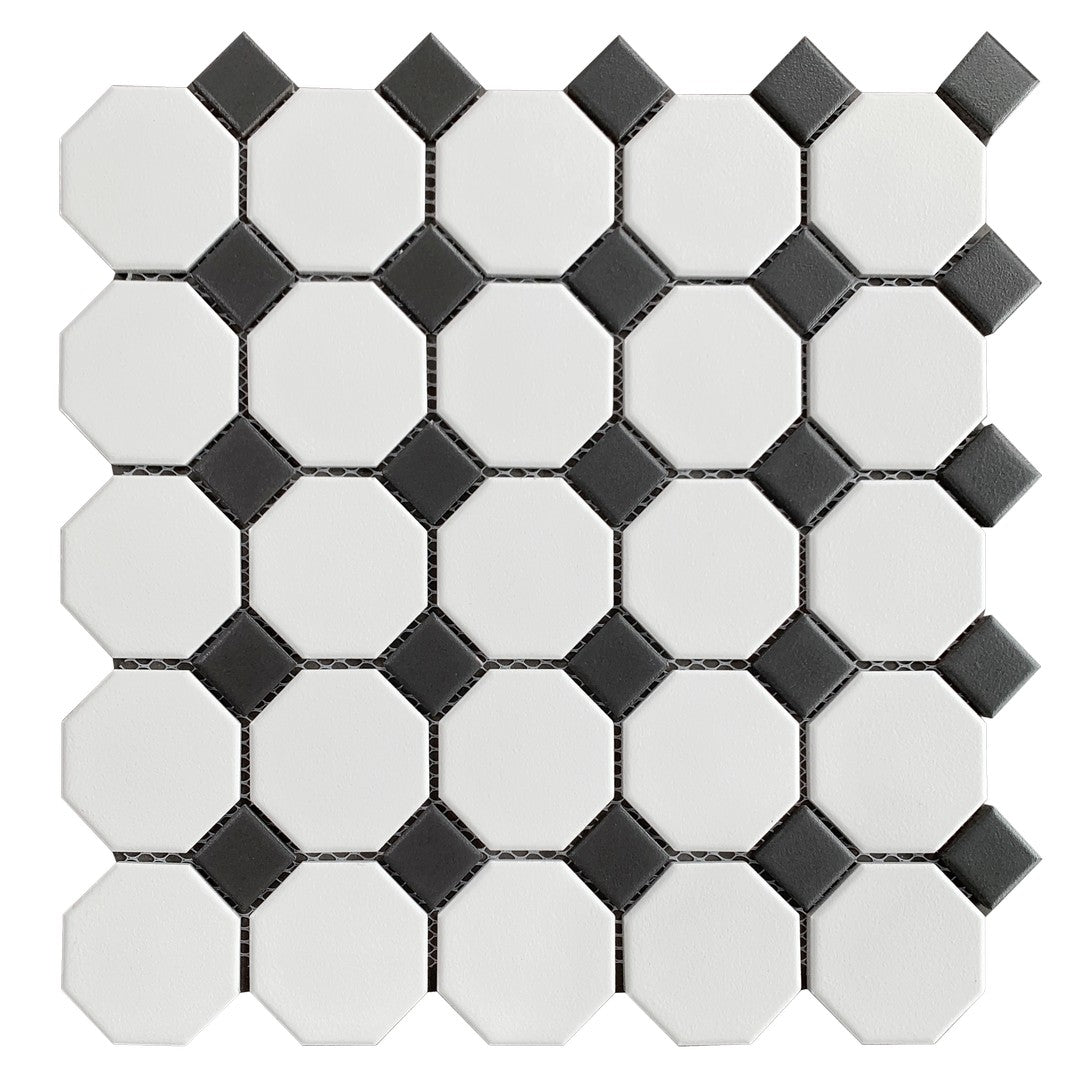 Rickert-11.61-x-11.61-Porcelain-Mosaic-Matte-Porcelain-Mosaic-White-Dot-/-Black-Octogon-Mixed