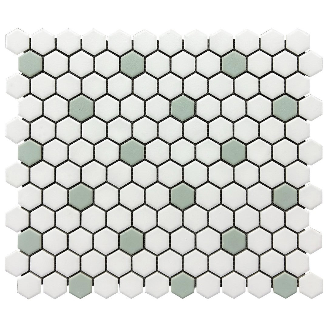 Rickert-10.2-x-11.8-Hexagon-Mosaic-Matte-Porcelain-1-Hexagon-Mosaic-White-w/-Mint-Dot