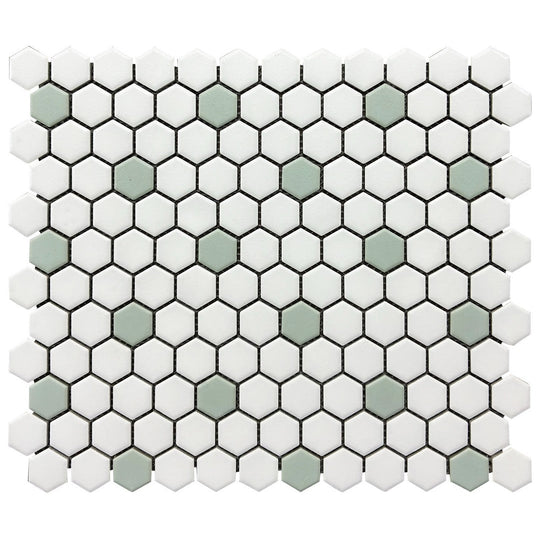 Rickert-10.2-x-11.8-Hexagon-Mosaic-Matte-Porcelain-1-Hexagon-Mosaic-White-w/-Mint-Dot