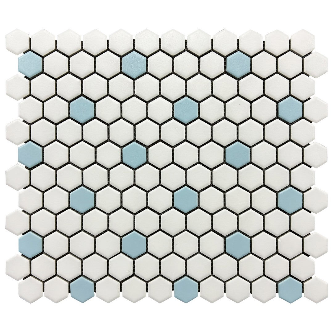 Rickert-10.2-x-11.8-Hexagon-Mosaic-Matte-Porcelain-1-Hexagon-Mosaic-White-w/-Aqua-Dot