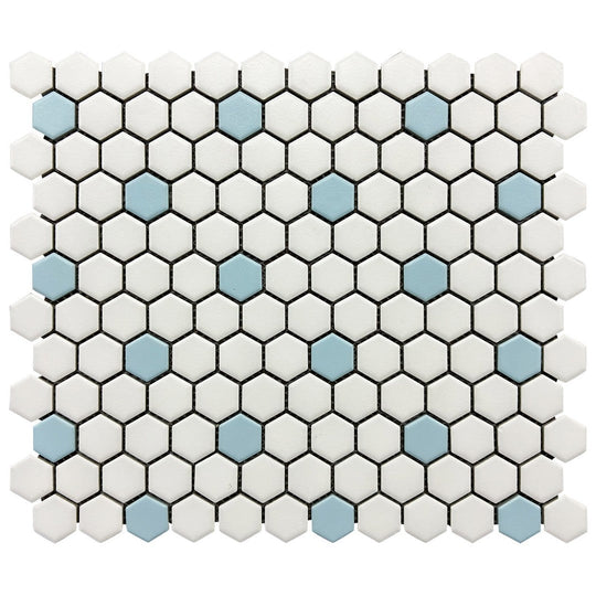 Rickert-10.2-x-11.8-Hexagon-Mosaic-Matte-Porcelain-1-Hexagon-Mosaic-White-w/-Aqua-Dot