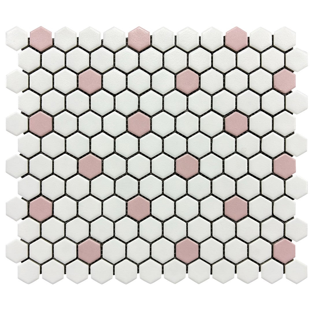 Rickert-10.2-x-11.8-Hexagon-Mosaic-Matte-Porcelain-1-Hexagon-Mosaic-White-w/-Pink-Dot