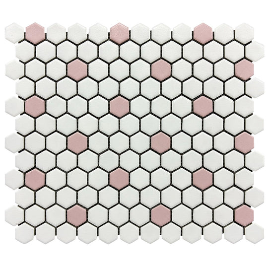 Rickert-10.2-x-11.8-Hexagon-Mosaic-Matte-Porcelain-1-Hexagon-Mosaic-White-w/-Pink-Dot