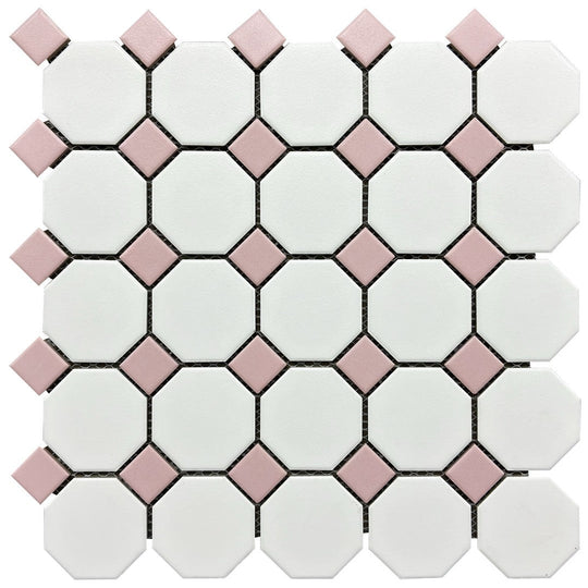 Rickert-11.61-x-11.61-Porcelain-Mosaic-Matte-Porcelain-Mosaic-White-Octagon-w/-Dark-Blue-Dot