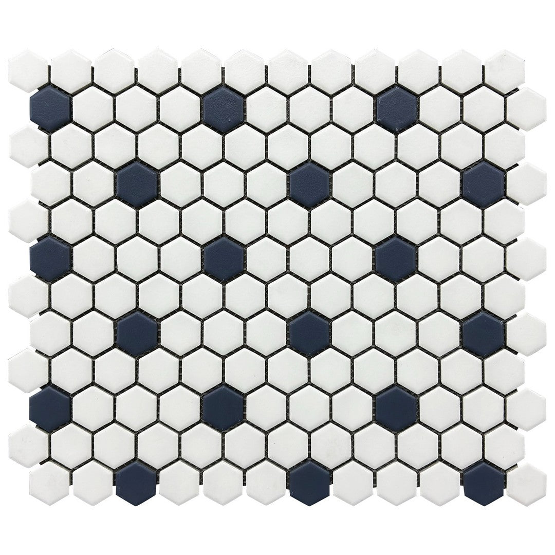 Rickert-10.2-x-11.8-Hexagon-Mosaic-Matte-Porcelain-1-Hexagon-Mosaic-White-w/-Dark-Blue-Dot