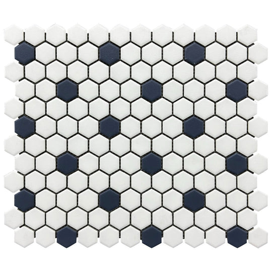 Rickert-10.2-x-11.8-Hexagon-Mosaic-Matte-Porcelain-1-Hexagon-Mosaic-White-w/-Dark-Blue-Dot