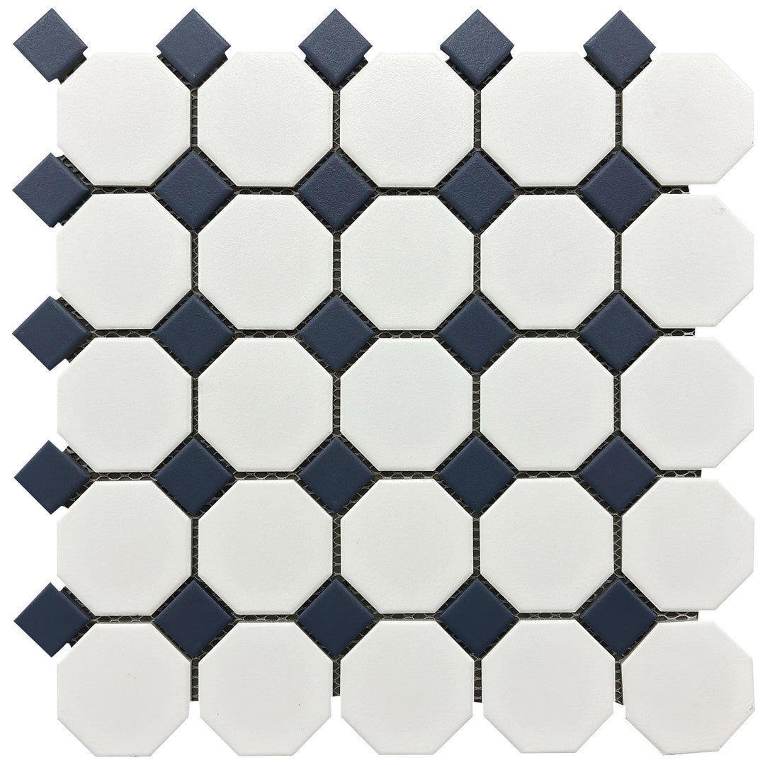 Rickert-11.61-x-11.61-Porcelain-Mosaic-Matte-Porcelain-Mosaic-White-Octagon-w/-Green-Dot