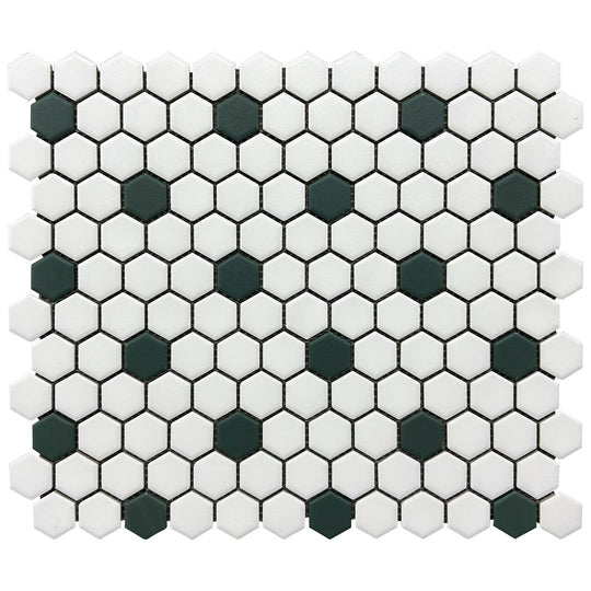 Rickert-10.2-x-11.8-Hexagon-Mosaic-Matte-Porcelain-1-Hexagon-Mosaic-White-w/-Green-Dot