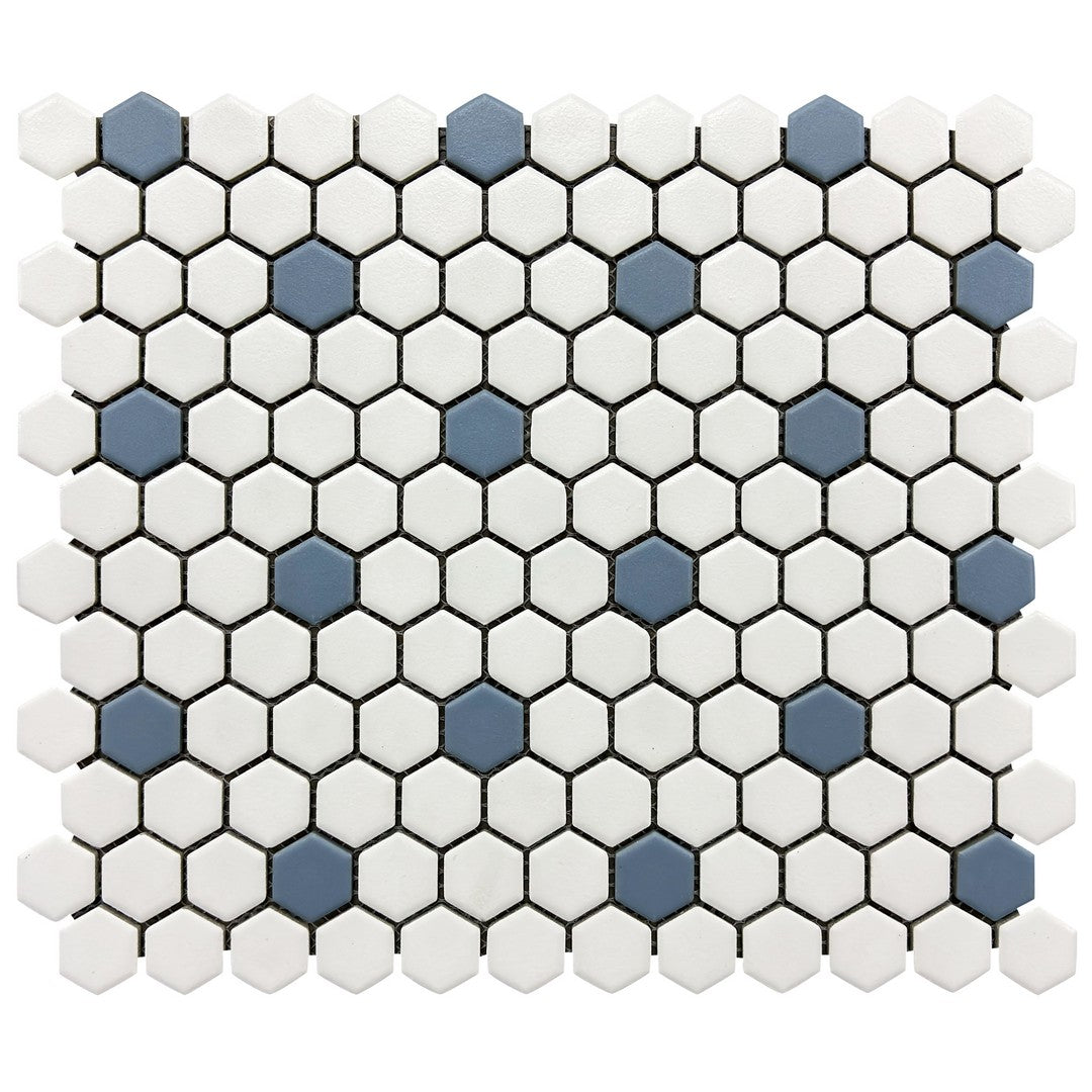 Rickert-10.2-x-11.8-Hexagon-Mosaic-Matte-Porcelain-1-Hexagon-Mosaic-White-w/-Blue-Dot