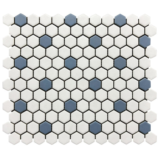 Rickert-10.2-x-11.8-Hexagon-Mosaic-Matte-Porcelain-1-Hexagon-Mosaic-White-w/-Blue-Dot