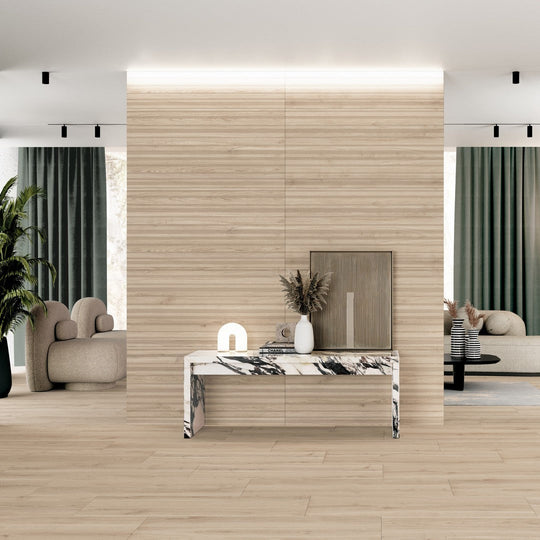 Tesoro-24-x-48-Venatto-Rectified-Matte-Deco-Metric-Porcelain-Wood-Tile-Almond