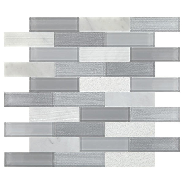 Daltile-Simplystick-Mosaix-12-x-12-Mixed-Glass-1.25x4-Brick-Joint-Mosaic-Carrara-White-and-Glass-Blend