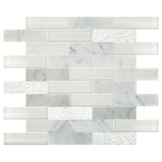 Daltile-Simplystick-Mosaix-12-x-12-Mixed-Glass-1.25x4-Brick-Joint-Mosaic-Chenille-White-and-Glass-Blend