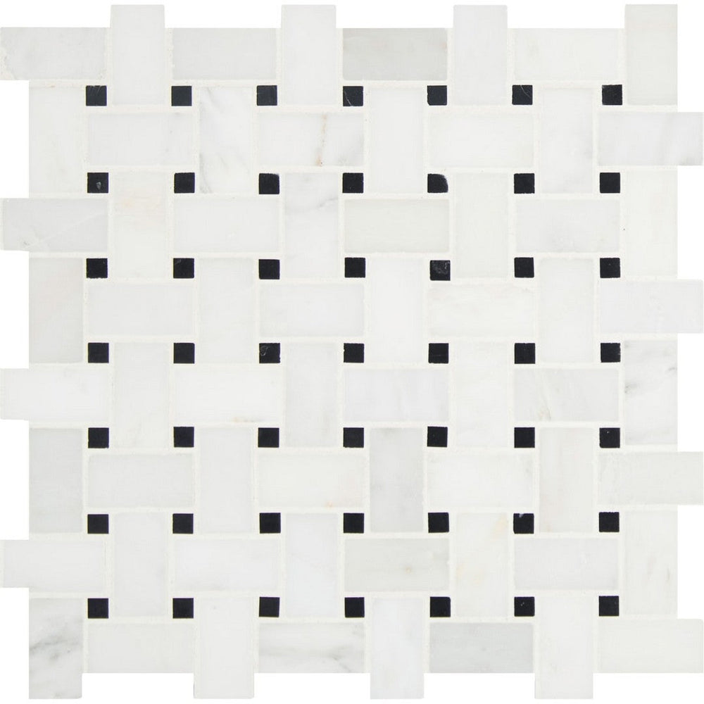 MS International Arabescato Carrara 12" x 12" Honed Marble Basket Weave with Black Dots Mosaic