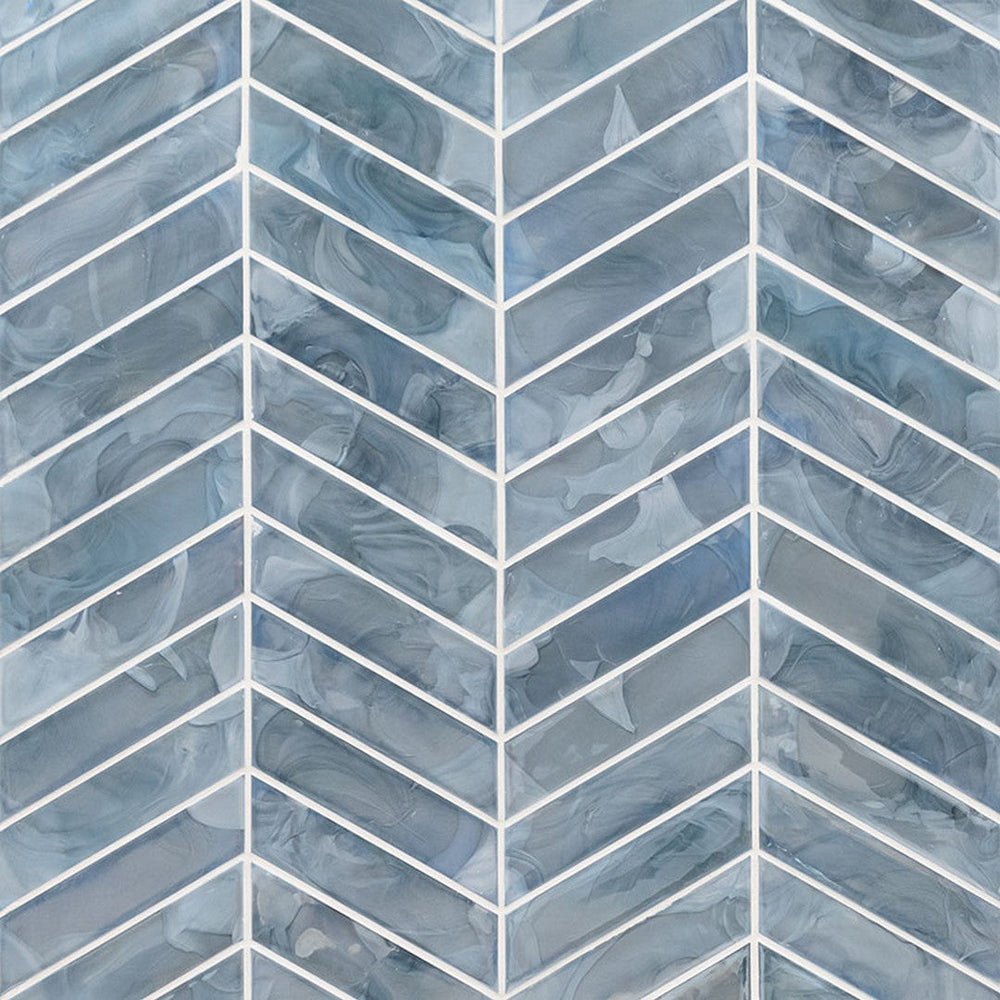 MS International Blue Shimmer 11.85" x 9.95" Glossy Glass Chevron Mosaic