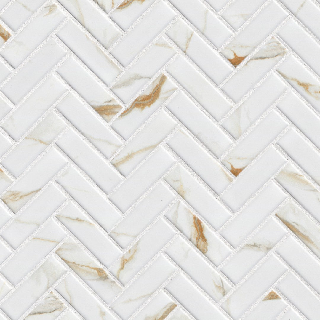 MS International 11" x 12" Calacatta Gold Matte 1X3" Herringbone Porcelain Mosaic